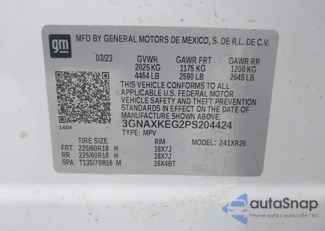 2023 Chevrolet Equinox Fwd Lt z USA, uszkodzony, nr VIN 3GNAXKEG2PS204424